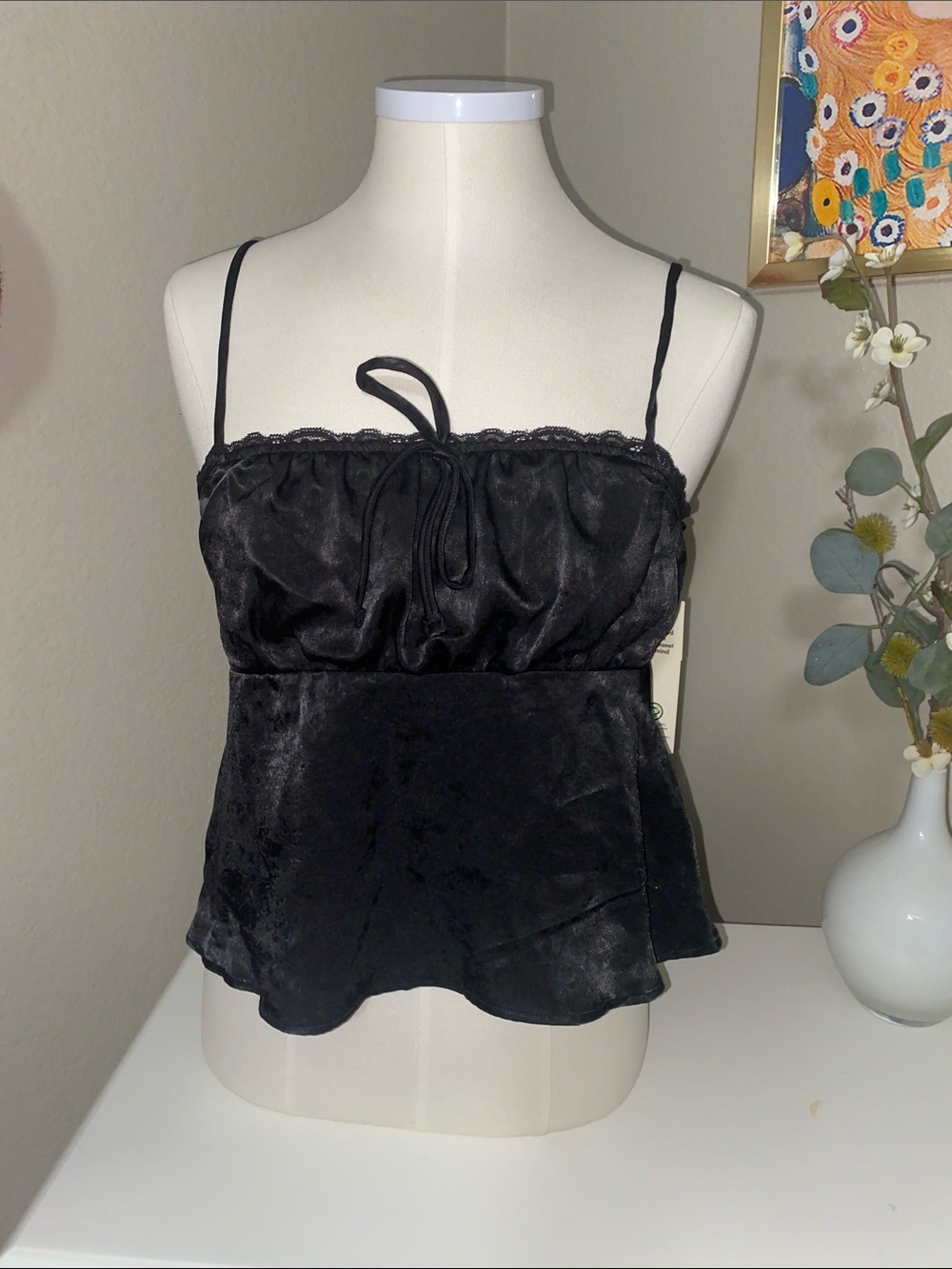 No Boundaries Black Cami with Lace Trim and Front Tie